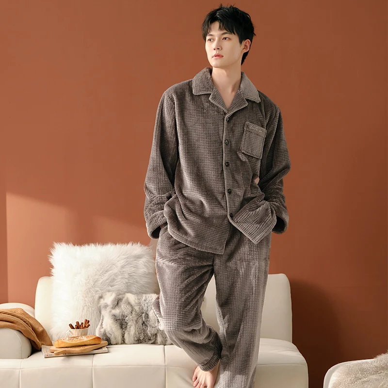 Мужские теплые плотные удобные пижамные комплекты с карманом, топ и брюки с длинным рукавом на пуговицах, мужская пижама для отдыха
